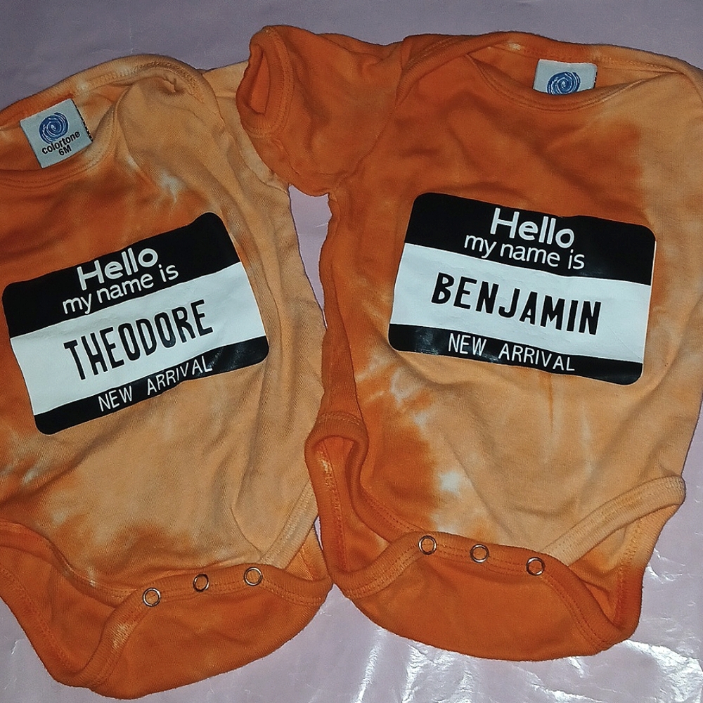 Tie-Dye "Theodore" or "Benjamin" Name Tag Onesies, 6mos, 3/$15.00